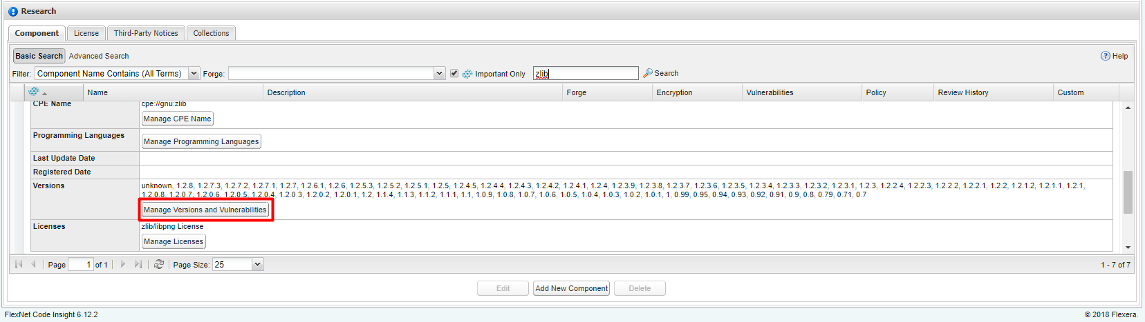 Manage Versions and Vulnerabilities button