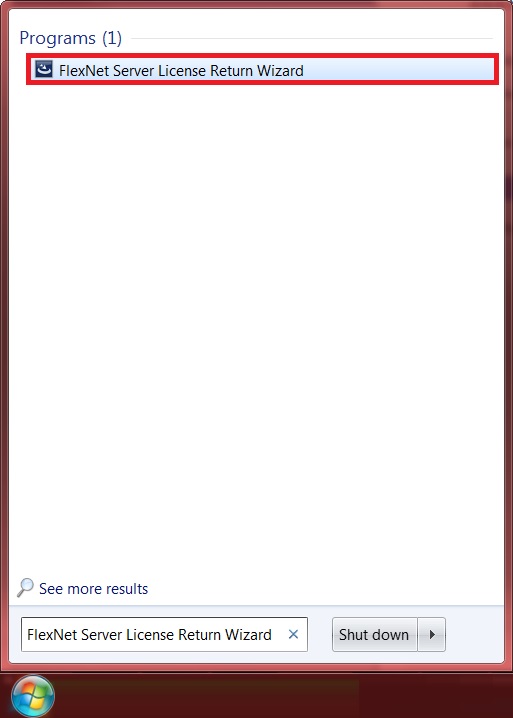 Start menu showing the FlexNet Server Licence Return Wizard.