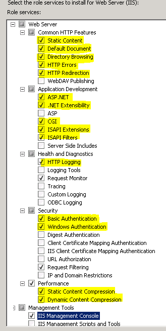 Required IIS Components for FNMS