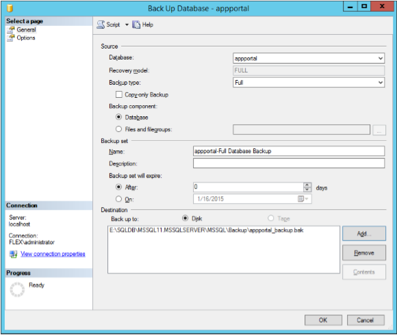 Back Up Database window