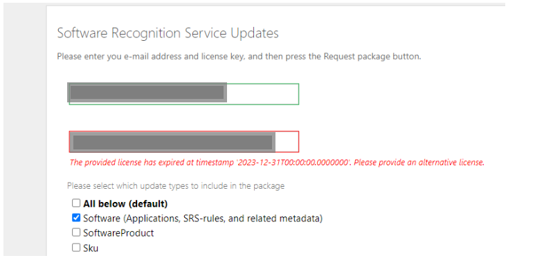 SRS update screen showing license expired