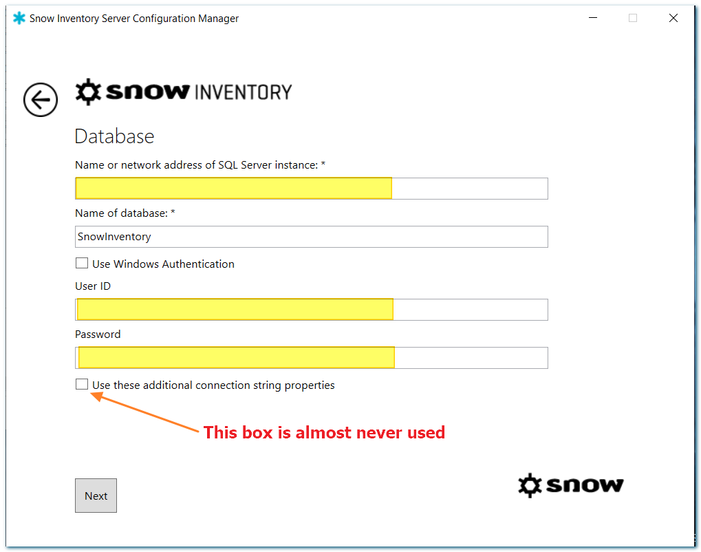 Fill out the connection string for the Snow Inventory database.