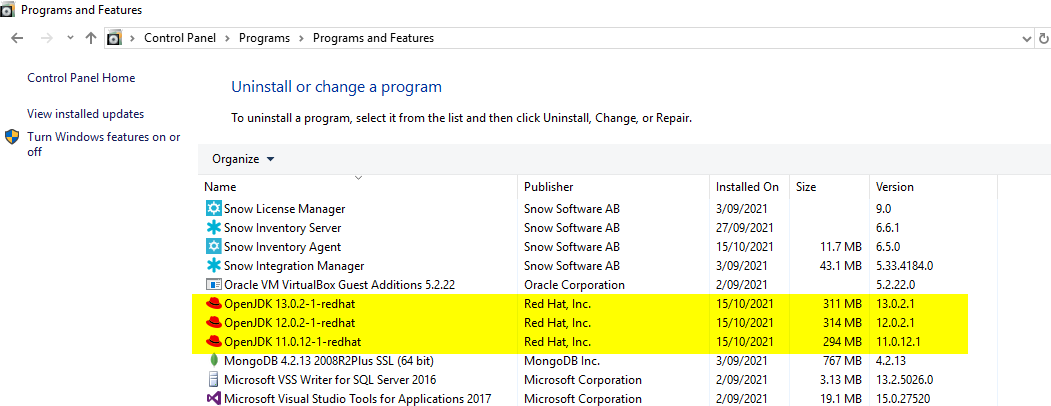 Control Panel - Red Hat OpenJDK 11 12 13.png