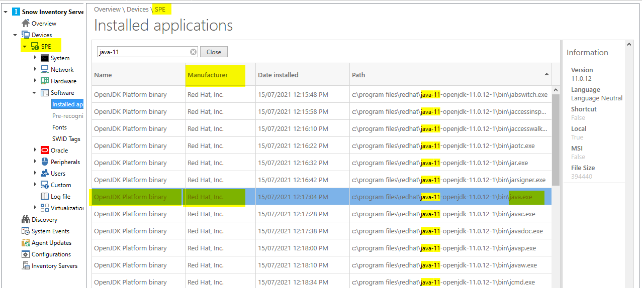 Java 11 showing Red Hat Inc - Snow Inventory Server Console.png