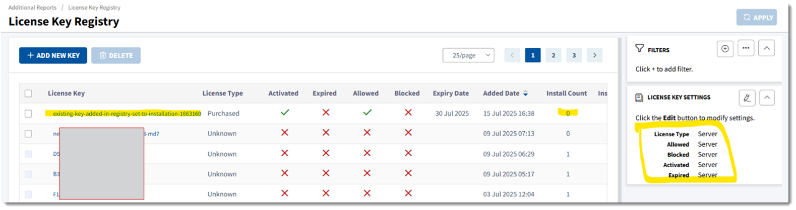 New License Key on License Key Registry Page