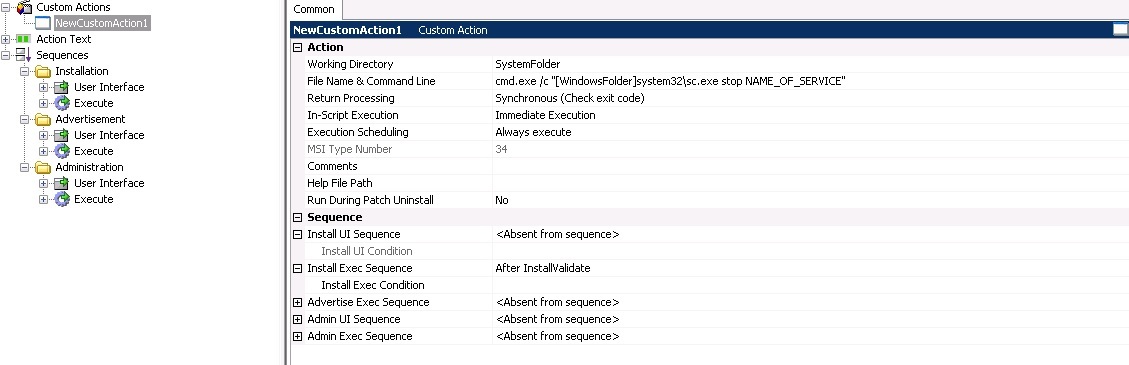 Custom Action to Stop a Windows Service